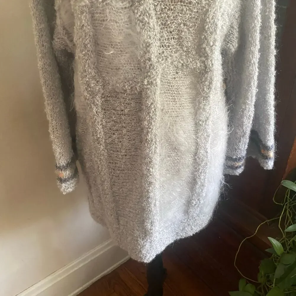 Vintage 70s 80s Handmade Mohair Wool Blend Sweater Fuzzy Knit Tunic Gray Long